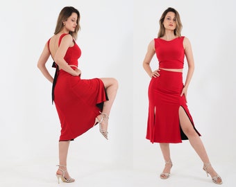 Reversible Tango Skirt – Dual-Slit Red and Black Dancewear for Milonga & Argentine Tango
