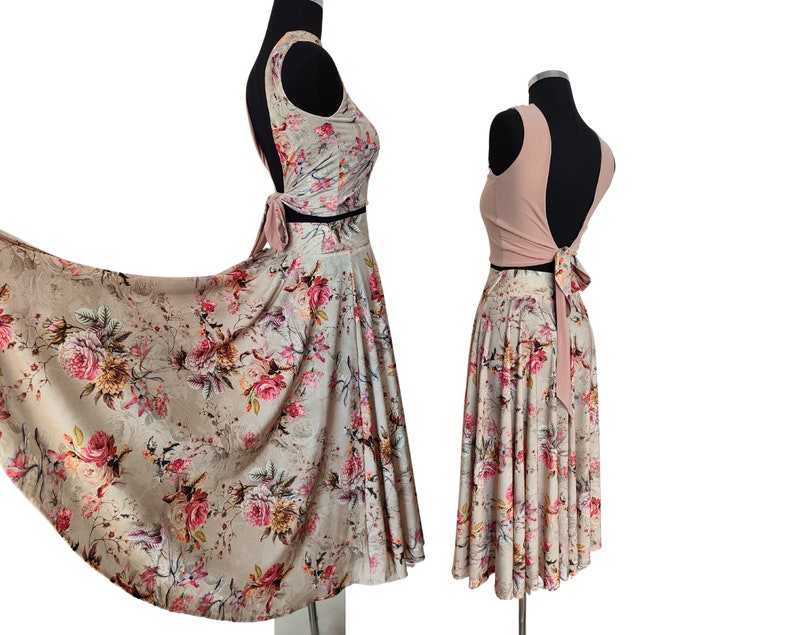 High Waisted Black Full Circle Skirt , Black Tango Skirt for Women with 2 Slit Floral Beige