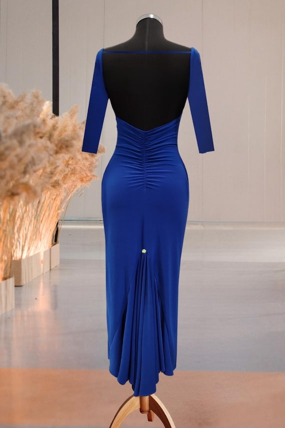 Royal Blue Backless Ruffled Tango Dress with Tale Slit, Includes Bra Pads Tangokleid,Open Back Dance Dress, Milonga Tango Performance Dress