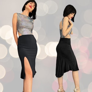 Schwarzes Holographisches Tango Kleid mit Frack - Elegante Aufführung Tanzkleidung