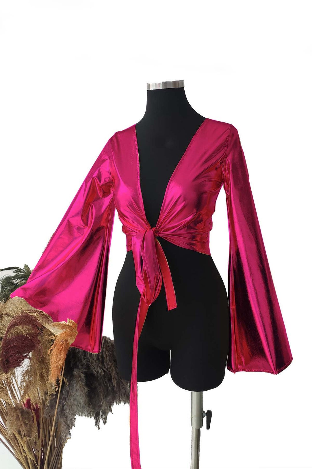 80s Hot Pink Bell Sleeve Top Women's Wrap Front Tie Crop - Etsy
