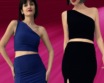 Reversible One-Shoulder Crop Top, One Shoulder Top, Black Blue Asymmetrical Tango Blouse