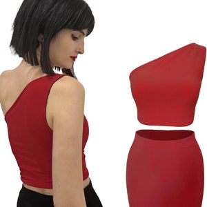 One Shoulder Top, Red Tango Top, Women Asymmetrical Tango Blouse, Red Crop Top,