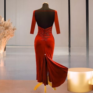 Red Velvet Open Back Tango Dress with Slit – Built-in Bra Pads – Latin Dance Performance Dress Milonga Tango 3/4 sleeve Performance Dress