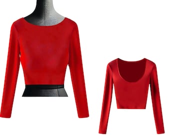 Elegant Red Long Sleeve Crop Top with Open Back - Party & Dance Blouse