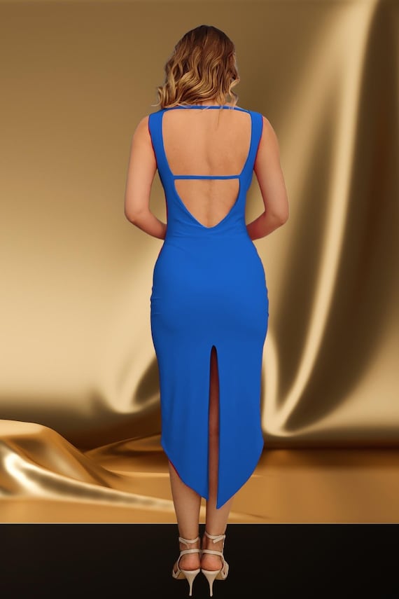 navy blue dress for baby girl IRREGULAR OPEN BACK LOW CUT DANCE DRESS – Dance Life NYC main image 1