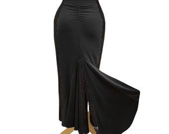 Zwart fluwelen tangorok – hoge taille fishtail-dansrok met kanten rand voor milonga-, ballroom- en latin-optredens