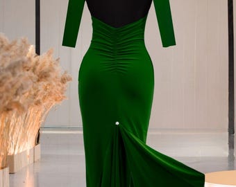 Green Tango Dress, Argentine Tango Ballroom Dress, Includes Bra Pads Performance Outfit for Tango Dancer, 3/4 Sleeve Tangokleid