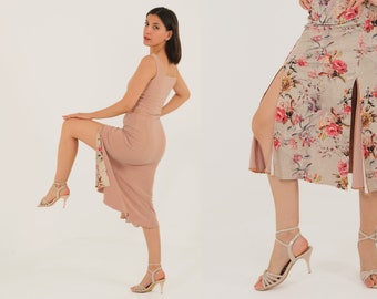 Veelzijdige tangorok – omkeerbare rok met twee splitten voor milonga en Argentijnse tango – stretchy jersey beige en bloemenbeige