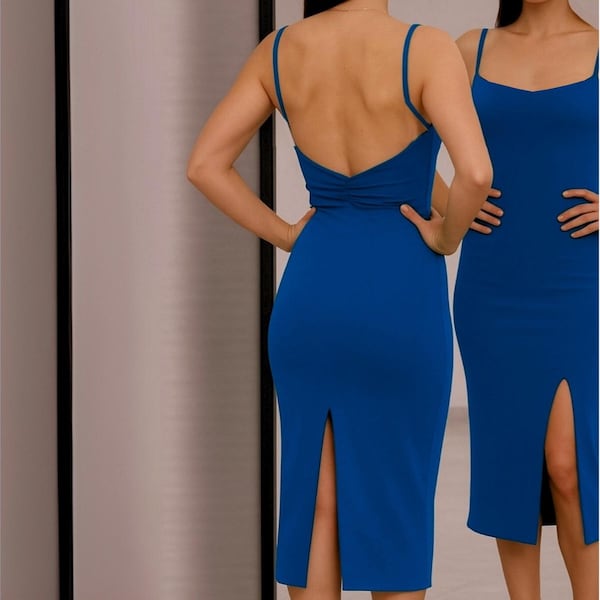 Royal Blue Backless Cocktail Dress with Slits – Built-In Bra, Bodycon Fit, Elegant Evening or Wedding Guest Dress, Tango Dance Dress