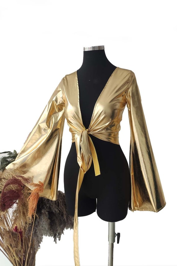 Women's Wrap Front Tie Crop Top in Gold Gold Bell Sleeve - Etsy