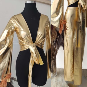 Set gouden blouse en maxirok met klokmouwen, wikkel crop top, wikkel top rok set, maxi rok set, rok en crop top set, combi-set dames, jaren 80, 90