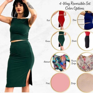 Op de afbeelding: Een 4-weg omkeerbare set kleding met verschillende kleur- en patroonopties. De set bevat een crop top en een rok. De getoonde kleuren zijn rood, blauw, groen, zwart, abstract, bloemenbeige, roze en beige.