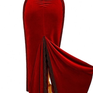 Red Velvet Tango Skirt – High Waist Fishtail Dance Skirt with Black Lace Trim for Milonga & Latin Ballroom