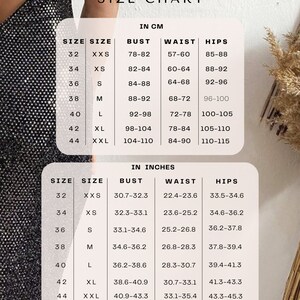 May include: Size chart for Parla Tango Wear, showing bust, waist, and hip measurements in inches and centimeters. Includes sizes from XXS to XXL. The chart also includes a message encouraging customers to send their measurements if they fall outside the listed sizes.