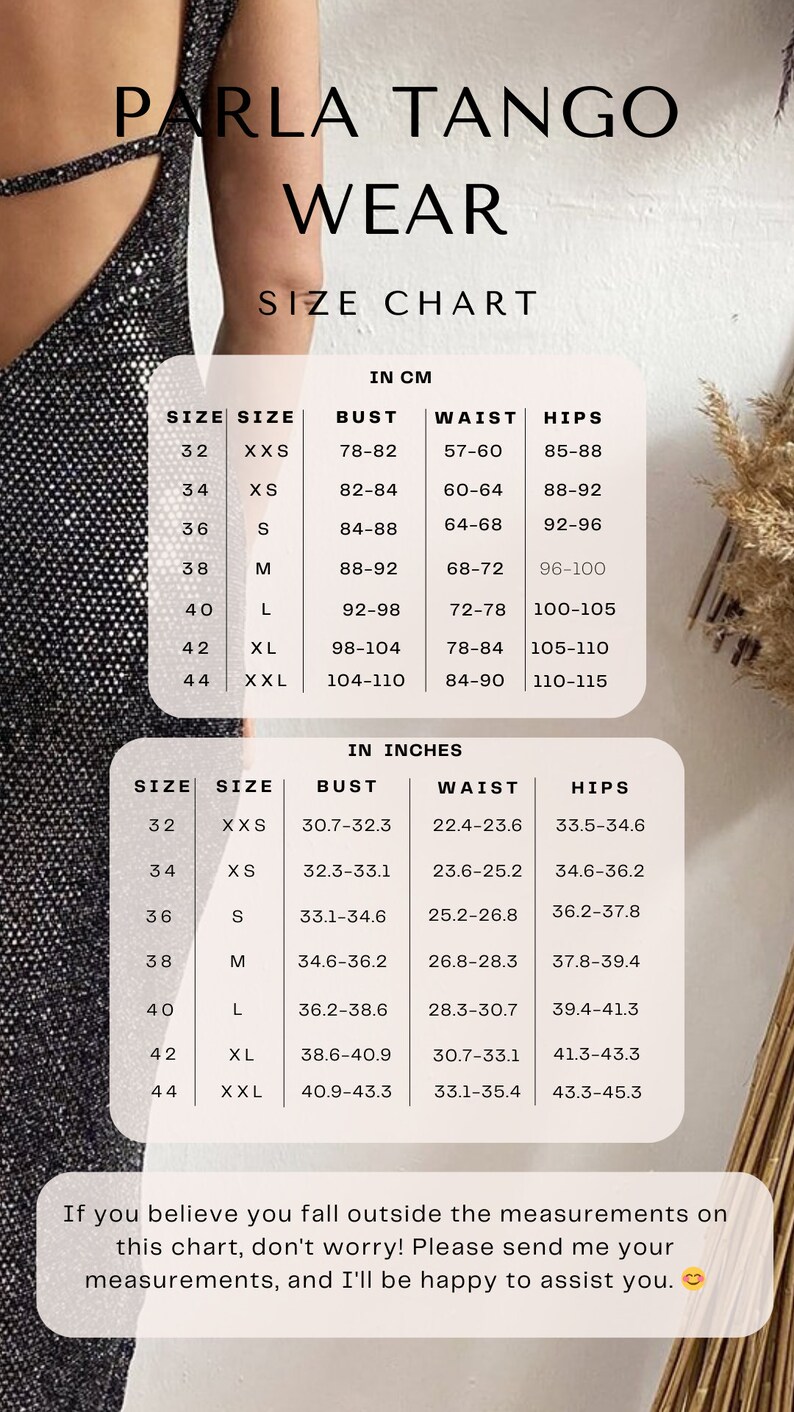 May include: Size chart for Parla Tango Wear, showing bust, waist, and hip measurements in inches and centimeters. Includes sizes from XXS to XXL. The chart also includes a message encouraging customers to send their measurements if they fall outside the listed sizes.