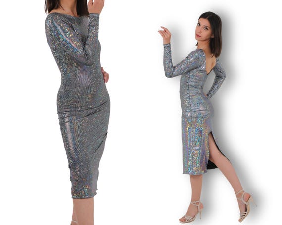 Holographic Long Sleeve Open Back Pencil Dress with Back Slit - Shimmering Fitted Midi Dress for Evening, Formal Events, and Parties