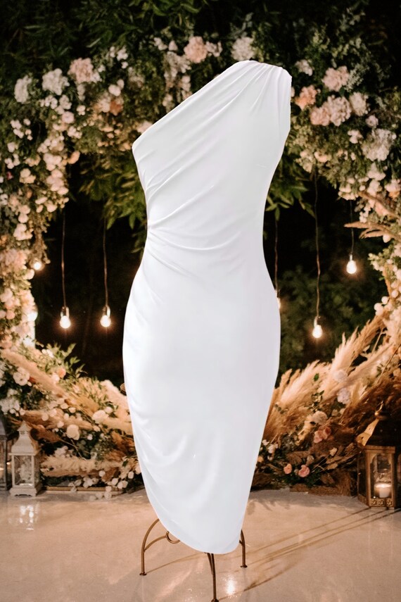 One-Shoulder White Dress, White Cocktail Dress, White Midi Dress, Short Simple Wedding Dress, Summer Cocktail Dress