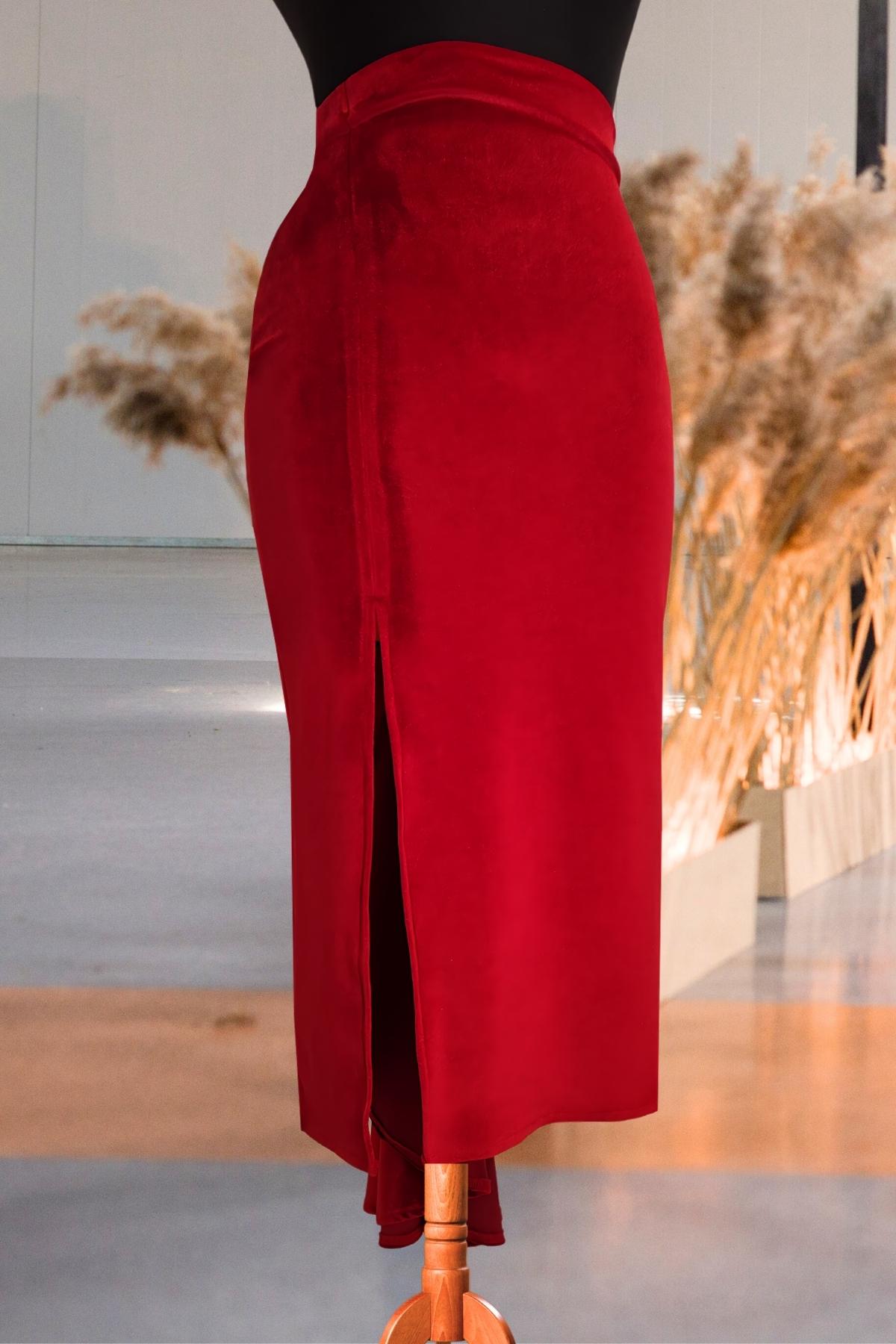 Jupe De Danse De Salon Longue - Rouge, Taille élastique 60-98 Cm, Longueur 64 Cm, Polyester, Pour Latin, Tango