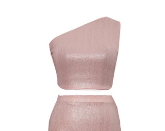 Shiny Pink Crop Top - One Shoulder Sparkle Top - Pink Party Top - Pink Tango Top