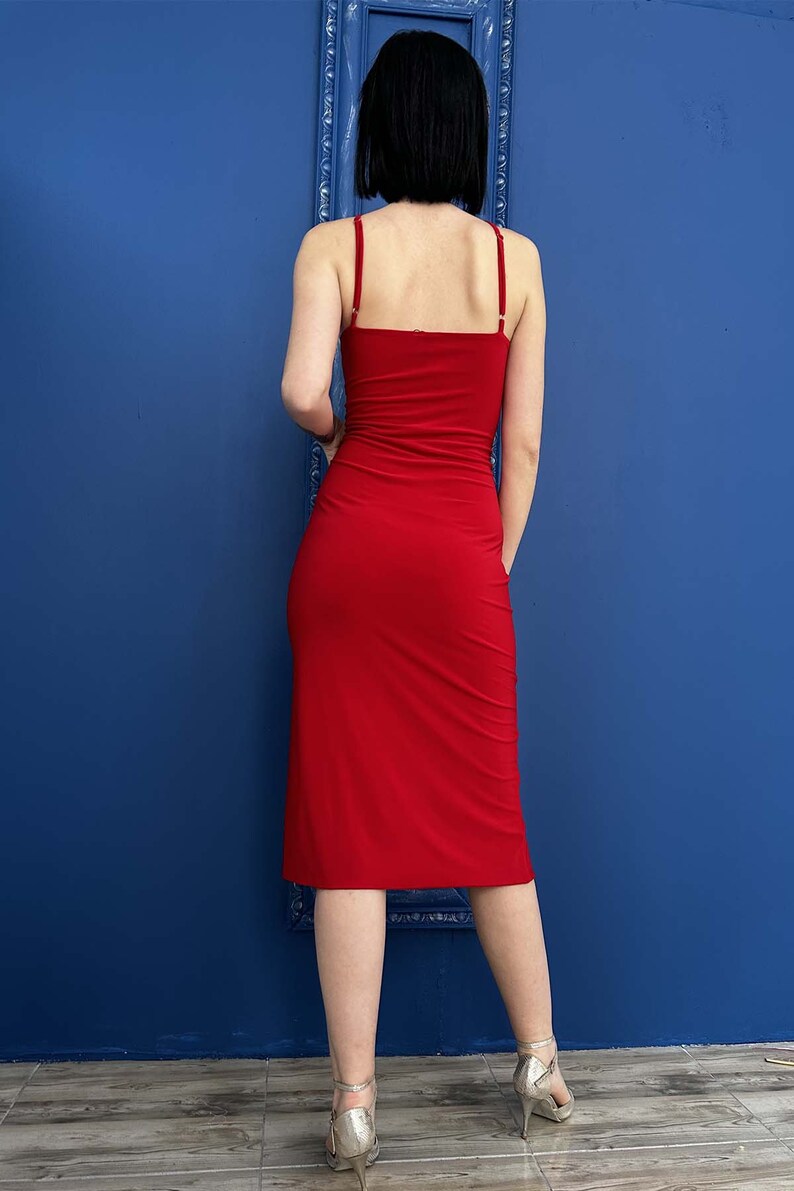 Elegant Red Evening Dress with Adjustable Straps, Midi Red Cocktail Dress for Parties and Special Occasions