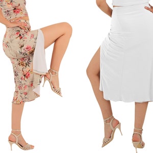 Versatile Tango Dance Skirt – Dual-Slit Reversible Skirt for Milonga & Argentine Tango – White and Floral Beige Stretchy Jersey