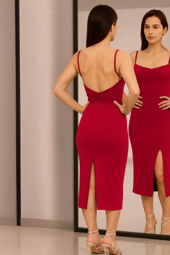 red dress with two slits Backless Red Bodycon Dress With Double Slits | Sexy & Elegant Evening Look,  Evening Red Tango Includes Bra Pads Milonga Dress