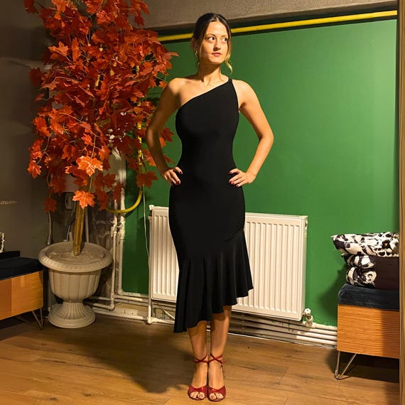 Black Tango Dress – One Shoulder Stretch Latin Dance Dress