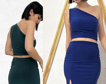 Reversible One-Shoulder Crop Top, One Shoulder Top, Blue Green Asymmetrical Tango Blouse