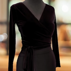 Black Velvet Wrap Blouse – Long Sleeve Evening Top, Date Night Outfit, Formal Party Outfit