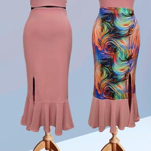 Argentine Tango Performance Skirt, Milonga Skirt Ruffle Hem and Side Slit - Pink Abstract