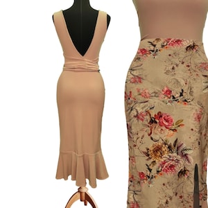 Floral Beige Tango Performance Skirt – Elegant Ruffle Hem Skirt with Side Slit for Milonga & Ballroom Dance
