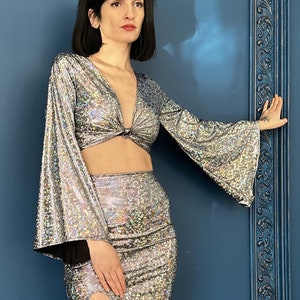 Front Tie Crop Top, Retro Tango Top, Holographic Silver Wrap Crop Top - Shimmering Metallic Bell Sleeve Blouse, 70s 80s Disco Top