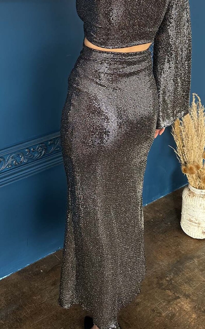 May include: A two-piece silver sequin outfit. The top is a long-sleeved crop top, and the skirt is a floor-length, form-fitting design. The outfit is made of a shimmering, textured fabric, perfect for special occasions.