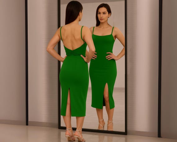 Backless Green Tango Dress | Ruffled Lycra Milonga Cocktail Dress with Bra Pads - ParlaTangoWear