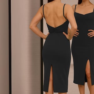 Black Backless Tango Dress – Ruched Cocktail Gown with Slits & Built-in Bra Pads
