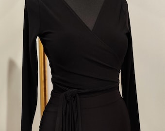 Black Wrap Top – Long Sleeve Elegant Blouse, Chic Evening Wear, Cocktail Party Outfit for Women
