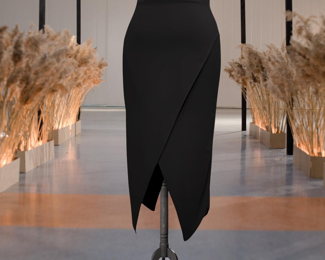 Asymmetric Cross Cut Black Wrap Skirt - Elegant and Chic