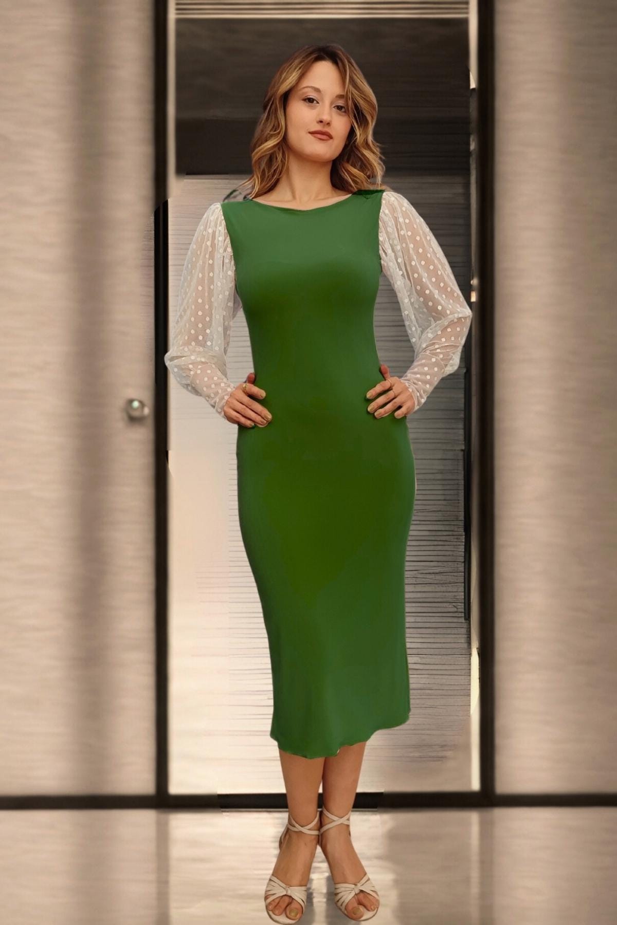 green tango dress Amelia - Emerald Green Velvet Off Shoulder Tango Dress