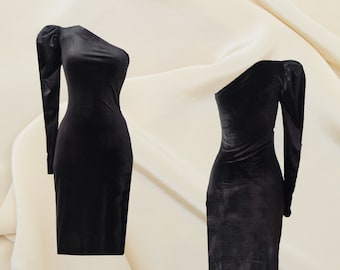 Black Velvet One Shoulder Dress, Fashion Dress, Evening Dress, Black Party Dress, Puff Sleeve Bodycon Dress, Disco Dress, Cocktail Dress