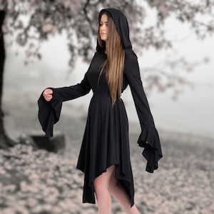 Black Medieval Hooded Dress, Bell Sleeve Gothic Witch Dress, Renaissance Dress, Halloween Dress, Black Boho Women Dress,Victorian Goth Dress