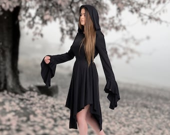 Black Medieval Hooded Dress, Bell Sleeve Gothic Witch Dress, Renaissance Dress, Halloween Dress, Black Boho Women Dress,Victorian Goth Dress