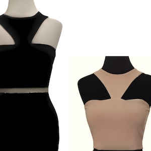 Women&#39;s Reversible Crop Top - Beige & Black - Tango Blouse - Stretchy Lycra Top
