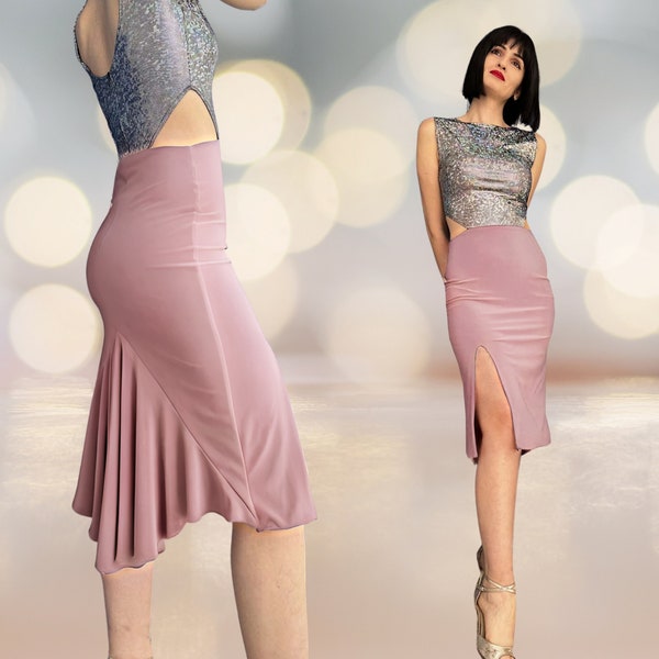 Pink Tango Dress with Tail, Elegant Dance Wear with Tail - Show Dress, Pink Holographic, Argantine Tango Dress, Gonna Tango