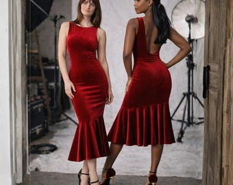 Red Velvet Tango Dress — Elegant Argentine Tango Milonga Dress for Women | Performance & Social Dance Mermaid Hem Velvet Dress