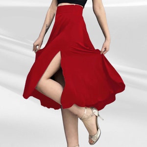 High Waisted Black Full Circle Skirt , Black Tango Skirt for Women with 2 Slit Red