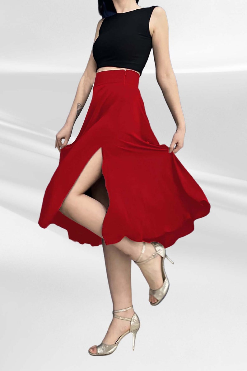 High Waisted Black Full Circle Skirt , Black Tango Skirt for Women with 2 Slit Red