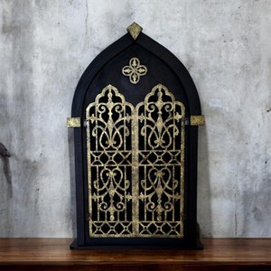 Gothic Apothecary Shelf , Black and Gold Vintage Storage Display , Crystal Shelf