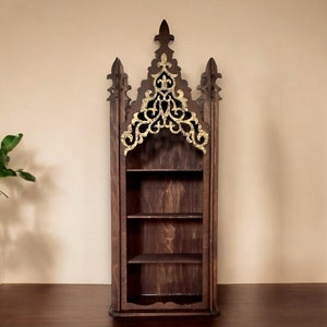 Gothic Crystal Shelf , Oak and Gold Vintage Storage Display , Crystal Shelf