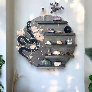 Snake shelf, flower shelf, moon phase decor, crystal shelf, handmade geometric shelf, witch shelf.
